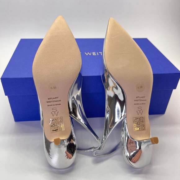 Stuart Weitzman EVA 50 Slingback Heels Sz 6.5 Silver Metallic Kitten Pointed Toe - Picture 12 of 14